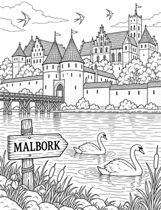 Detailed coloring page of Malbork Castle riverside featuring Malbork sign