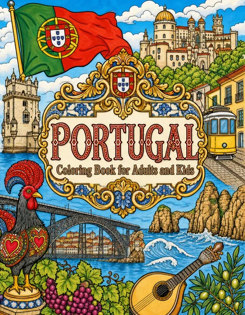 Portugal Coloring Book for Adults cover illustration by Louisa May Carson