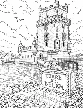 Detailed coloring page of Belém Tower featuring Torre De Belém sign
