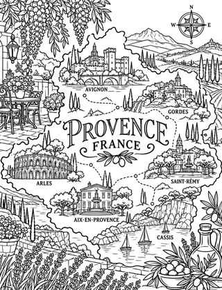 Illustrated travel map of Provence landmarks and attractions