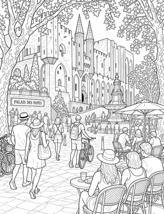 Palais Des Papes Provence coloring page with detailed line art