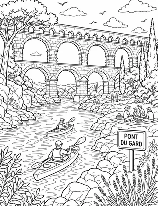 Pont Du Gard Provence coloring page with detailed line art
