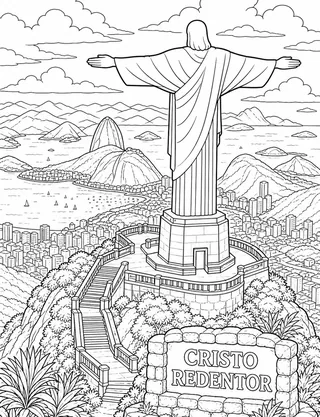 Detailed coloring page of Christ The Redeemer featuring Cristo Redentor sign