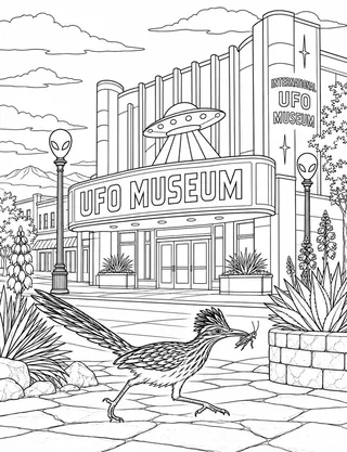 Detailed coloring page of International UFO Museum and Downtown Plaza featuring Ufo Museum sign