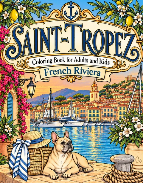 Saint Tropez Coloring Book for Adults cover illustration by Louisa May Carson