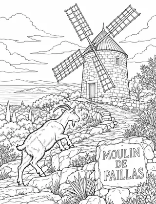 Detailed coloring page of Moulin de Paillas Windmill Ridge featuring Moulin De Paillas sign
