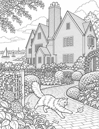 Detailed coloring page of House of the Seven Gables seaside garden