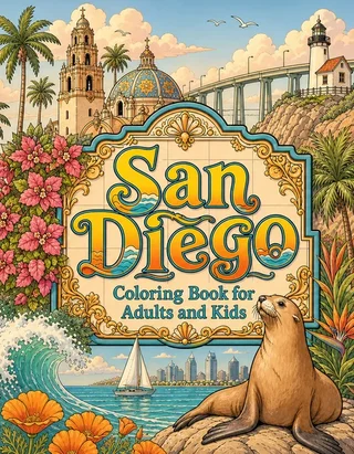 San Diego Coloring Book for Adults cover illustration by Louisa May Carson