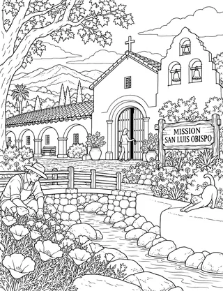 Detailed coloring page of Mission San Luis Obispo plaza featuring Mission San Luis Obispo sign