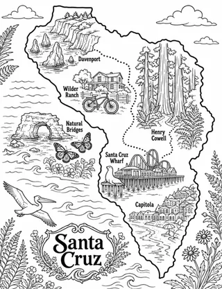Illustrated travel map of Santa Cruz landmarks and attractions