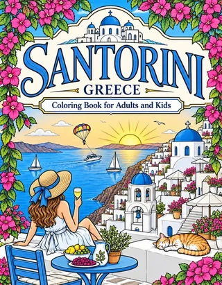 Santorini Coloring Book for Adults cover illustration by Louisa May Carson