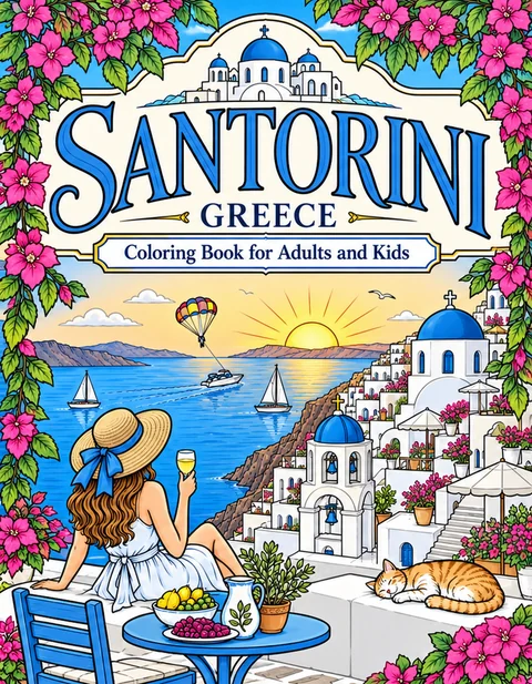Santorini Coloring Book for Adults cover illustration by Louisa May Carson