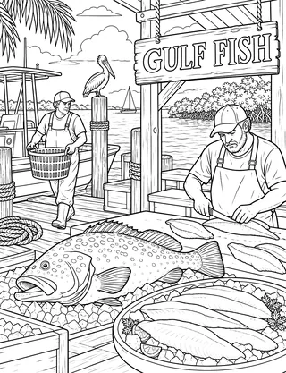 Detailed coloring page of Gulf grouper dock market featuring Gulf Fish sign
