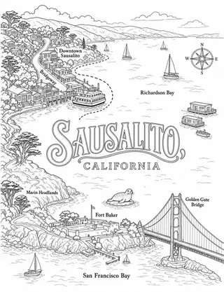 Illustrated travel map of Sausalito landmarks and attractions