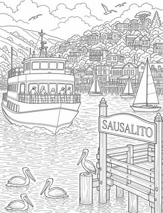 Detailed coloring page of Historic Sausalito Waterfront