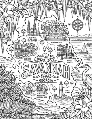 Illustrated travel map of Savannah landmarks and attractions