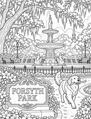 Detailed coloring page of Forsyth Park Cast-Iron Fountain and Live Oaks featuring Forsyth Park sign