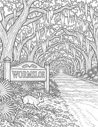 Detailed coloring page of Wormsloe Historic Live Oak Canopy Road featuring Wormsloe sign