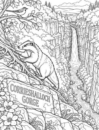 Detailed coloring page of Corrieshalloch Gorge Waterfall Plunge featuring Corrieshalloch Gorge sign
