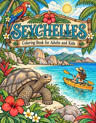 Seychelles Coloring Book for Adults cover illustration by Louisa May Carson