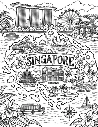 Illustrated travel map of Singapore landmarks and attractions