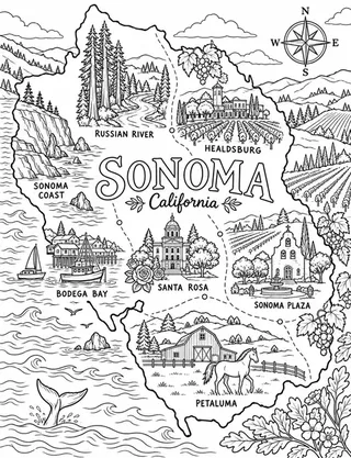 Illustrated travel map of Sonoma landmarks and attractions