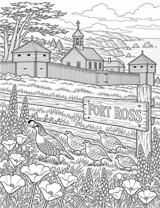 Detailed coloring page of Fort ross stockade featuring Fort Ross sign