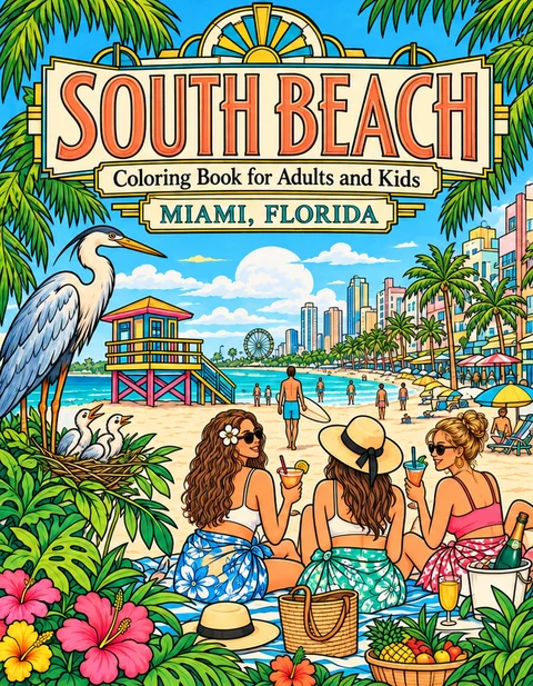 South Beach Coloring Book for Adults cover illustration by Louisa May Carson