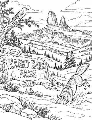 Detailed coloring page of Rabbit Ears Pass Rock Formation featuring Rabbit Ears Pass sign