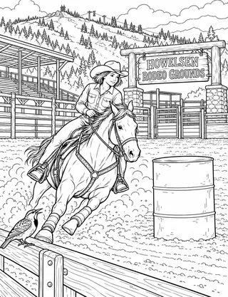 Detailed coloring page of Howelsen Rodeo Grounds Barrel Run featuring Howelsen Rodeo Grounds sign