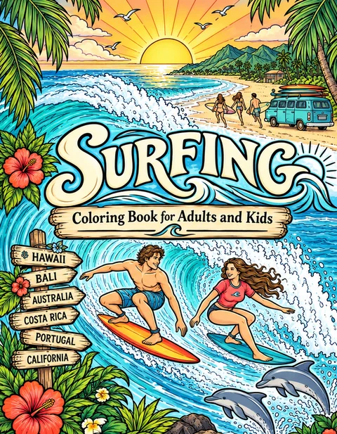 Surfing Coloring Book for Adults cover illustration by Louisa May Carson