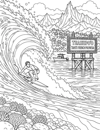Detailed coloring page of Teahupoo Tahiti Slab Barrel featuring TeahupoʻO sign