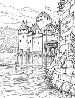 Detailed coloring page of Chillon Castle Lake Geneva
