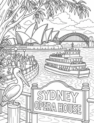 Detailed colouring page of Sydney Opera House and Harbour Bridge panorama featuring Sydney Opera House sign