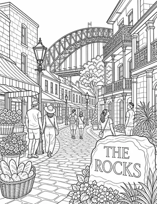 Detailed colouring page of Historic sandstone lane and weekend market atmosphere in The Rocks featuring The Rocks sign