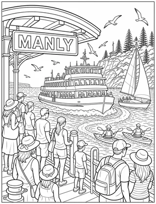 Detailed colouring page of Manly ferry crossing harbour waters past North Head featuring Manly Ferry sign