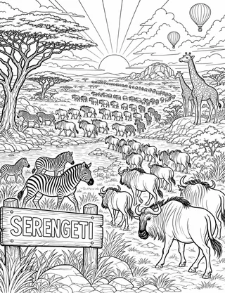 Detailed coloring page of Sweeping sunrise panorama across Serengeti plains during the great migration featuring Serengeti sign