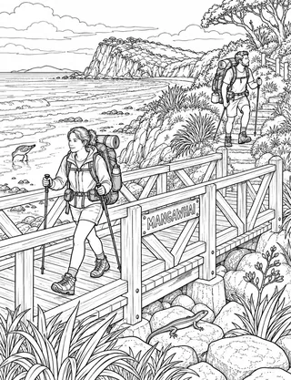 Detailed colouring page of Mangawhai Coastal Trail Crossing
