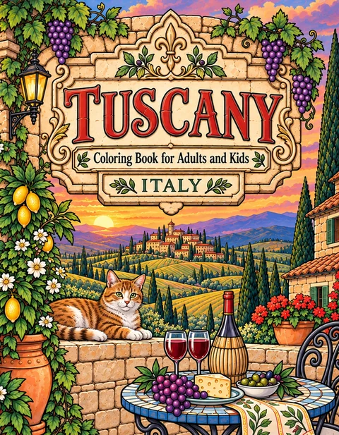 Tuscany Coloring Book for Adults cover illustration by Louisa May Carson