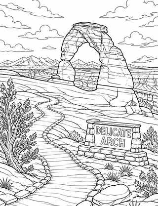 Detailed coloring page of Delicate Arch sunrise trail scene featuring Delicate Arch sign