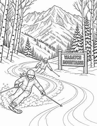 Detailed coloring page of Wasatch powder skiing action featuring Wasatch Mountains sign