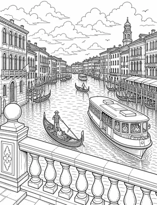 Detailed coloring page of Grand Canal from the Rialto Bridge with palazzi featuring Ponte Di Rialto sign