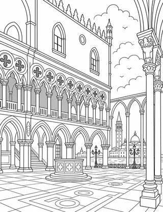 Detailed coloring page of Doge’s Palace featuring Palazzo Ducale sign