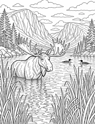 Detailed coloring page of Moose wading at Lake Willoughby