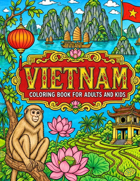 Vietnam Coloring Book for Adults cover illustration by Louisa May Carson