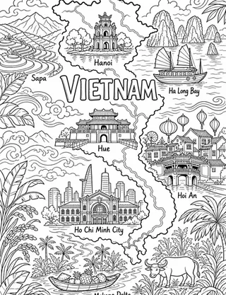 Illustrated travel map of Vietnam landmarks and attractions