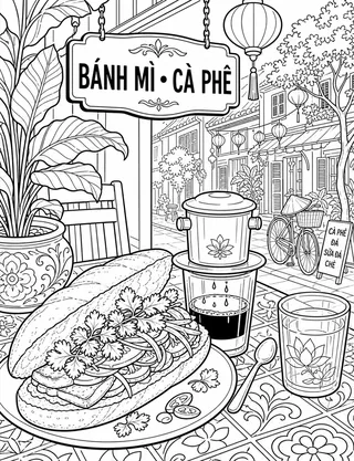 Detailed coloring page of Ha Long Bay limestone karsts and traditional junk boat featuring Ha Long Bay sign
