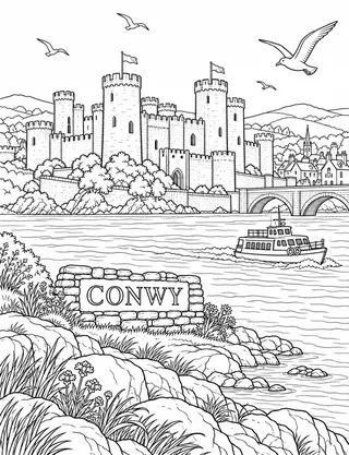 Detailed colouring page of Conwy Castle And Town Walls
