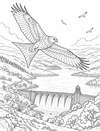 Detailed colouring page of Red Kite Over The Elan Valley