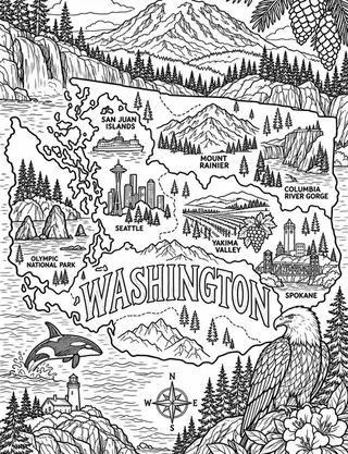 Illustrated travel map of Washington landmarks and attractions